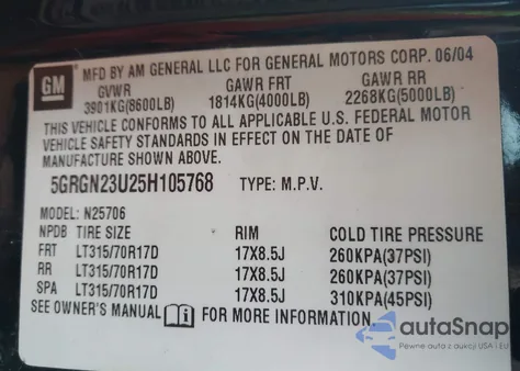 2005 Hummer H2 Suv z USA, uszkodzony, nr VIN 5GRGN23U25H105768